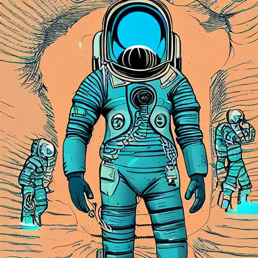 Image similar to a detailed illustration of a cyberpunk astronaut in the style of moebius, pastell colors