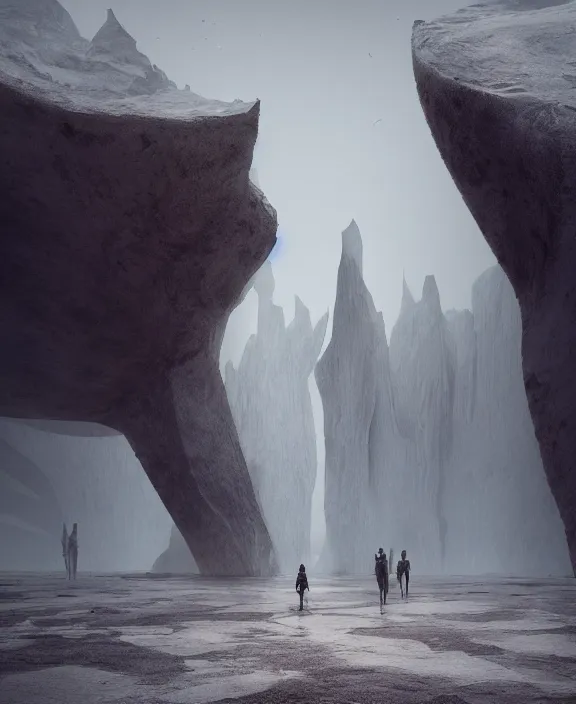 Prompt: surreal epic, masterpiece, romantic soct white exploration base, ancient ochre palette, impossible architecture by ruan jia, mecha floor, futuristic, blame, white architecture in the beach in iceland, foggy, highly detailed, digital painting, arstation, concept art, hyperealistic octane render, unreal engine