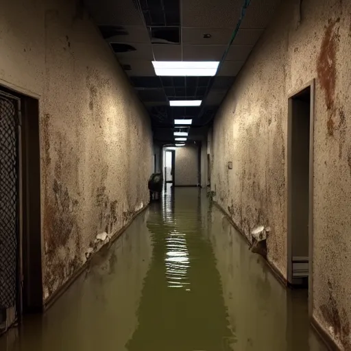Image similar to backrooms office space, ominous lighting, moldy walls, demogorgon wading in shallow water