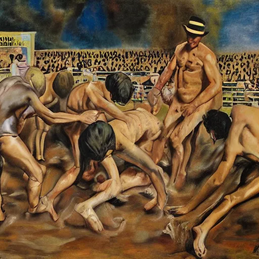 Image similar to 3 drunks fall over mud - wrestling,, where's wally, oil painted ( ( ( ( ( ( by salvador dali ) ) ) ) ) )