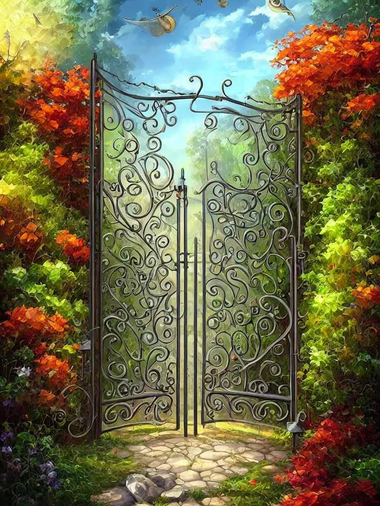 Prompt: beautiful oil painting digital high quality of wrought iron garden gate with a tranquil garden in the background and stone ground Cyril Rolando, David Wiesner, Anato Finnstark, artstation behance