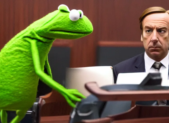 Image similar to saul goodman defending kermit the frog in court, still from better call saul