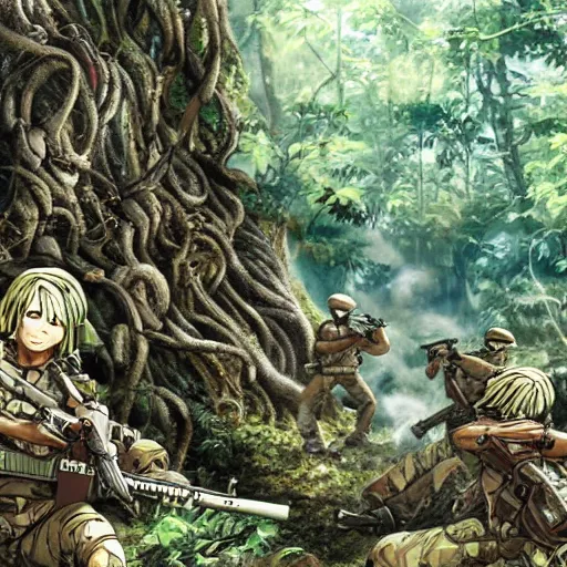 Image similar to vietnam war, cyborg marines in a mutated forest, anime key visual, high detail