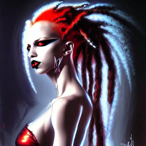 Image similar to portrait of flawless beautiful female cybergoth with blonde and red dreadlocks, dark, piercing eyes, exotic expression, esoteric clothing, photorealistic, highly detailed, mysterious lighting, artstation, smooth, sharp focus, art by michael whelan, artgerm, greg rutkowski and luis royo