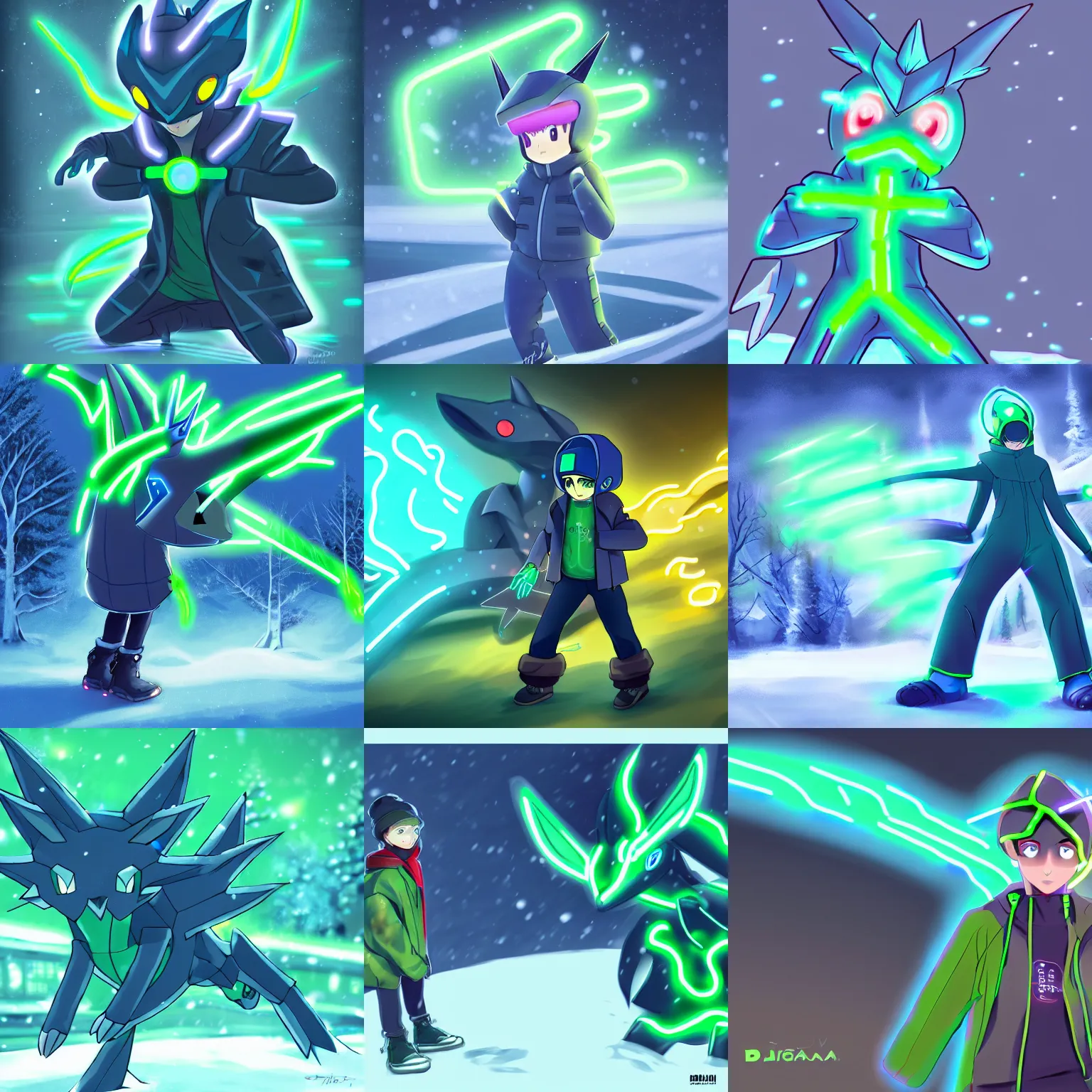 Prompt: a boy in winter clothing, trying to catch neon green shiny - dialga, concept art, digital art, detailed, anime, pokemon, 8 k hd