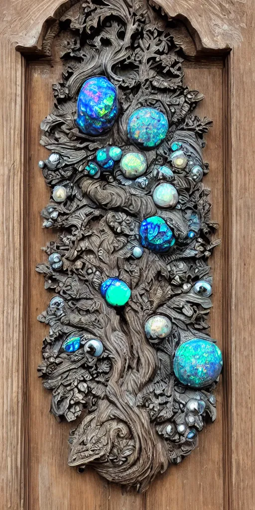 Image similar to https://s.mj.run/lcNw6KWjbsI Full old weathered wooden Door with a high relief carving of Fractal Marble and Opal Geode and Obisidian+Flowerpunk, cyberpunk, Dragonhead, twisted oak tree, jewels + Dark-blue light-blue black gold light-brown opal white + Ultra realistic, intricate detail, contrast, wet, kintsugi, rococo, baroque, 24mm lens + by Alphonse Mucha, Roger Deakins, Moebius, Mohrbacher