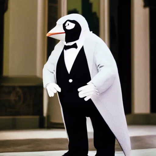 Image similar to Mr Bean as The Penguin in Batman, directed by Tarantino, film grain, EOS-1D, f/1.4, ISO 200, 1/160s, 8K, RAW, symmetrical balance, in-frame, Dolby Vision