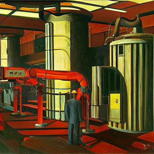 Prompt: engine room, turbines, robot repairmen, reactor core, grant wood, pj crook, edward hopper, oil on canvas