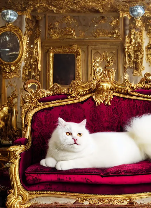 Prompt: a magnificent portrait of a fluffy fat cat on a precious embroidered velvet cushion on a neo - rococo gilded little bed with precious stones, ball of yarns all around, by david lachapelle, photorealistic, canon r 3, photography, wide shot, symmetrical features, symmetrical pose, wide angle shot, standing pose, feet on the ground