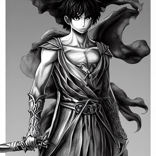 Prompt: beautiful sword sprite in the style of kentaro miura, 4 k, 8 k, absolute detail of even the smallest details and particles, beautiful shadows, beautiful art, black and white drawing