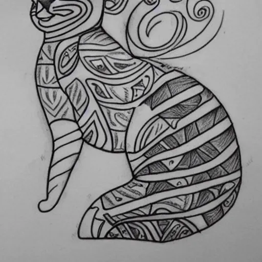 Image similar to tattoo sketch in polynesian style cat hugging the sun, maori