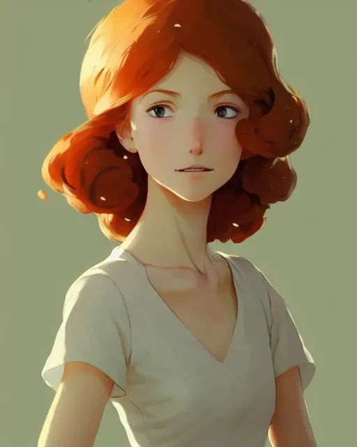 Image similar to young southern woman, ginger hair, simple cream dress, detailed perfect face, exquisite details, fire magic, mid view, design on a white background, by studio muti, greg rutkowski makoto shinkai takashi takeuchi studio ghibli