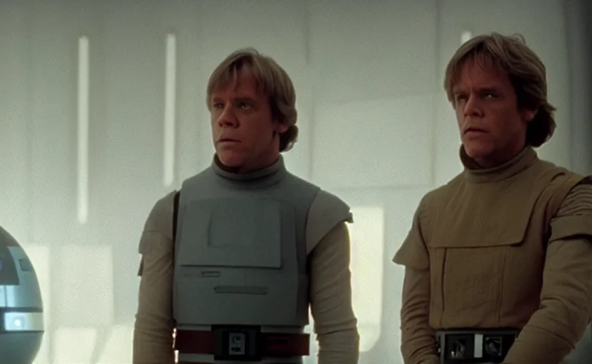 Prompt: cinematic still image screenshot portrait luke skywalker stares down at his cybernetic hand, while he is talking to a lonely medical droid, from the tv show on disney + anamorphic lens, photo 3 5 mm film kodak from empire strikes back crisp 4 k imax, beautiful image, window into space behind them