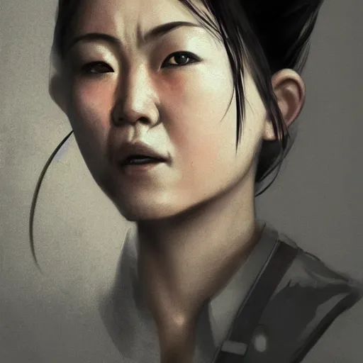 Image similar to portrait of a short muscular Japanese woman with a short ponytail wearing a gray t shirt and a work apron, dramatic lighting, illustration by Greg rutkowski, yoji shinkawa, 4k, digital art, concept art, trending on artstation