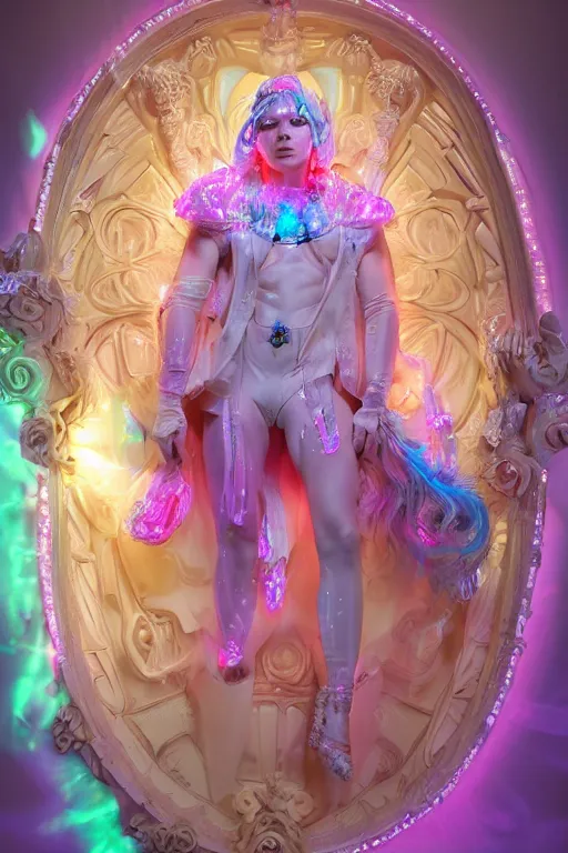 Prompt: full-body rococo and cyberpunk delicate neon crystalline sculpture of ((young muscular golden albino Colombian prince)) as an iridescent humanoid deity wearing ((peach plastic hooded cloak)) (holding a human skull) in a white castle dungeon, reclining, glowing pink face, crown of (pink lasers), large blue diamonds, swirling black silk fabric. futuristic elements. oozing glowing liquid, full-length view. space robots. intricate artwork by caravaggio. Trending on artstation, octane render, cinematic lighting from the right, hyper realism, octane render, 8k, depth of field, 3D
