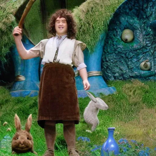 Prompt: Bartook a teen hobbit with short curly dark brown hair wearing a blue vest with a white sash standing next to a giant rabbit, high resolution film still, movie by Peter Jackson