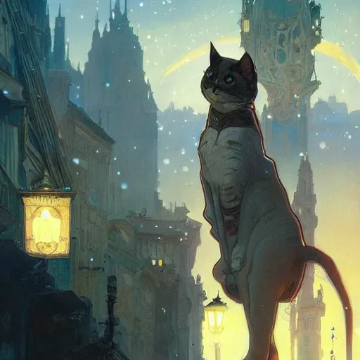 Image similar to Concept art, beautiful painting of a cat, shining its light among stars, wandering around a metropolis city, 8k, alphonse mucha, james gurney, greg rutkowski, john howe, artstation