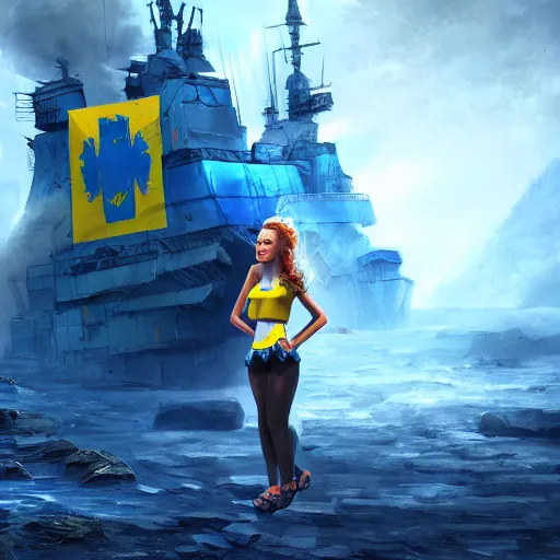 Prompt: ukrainian girl with blue and yellow clothes near big ruined warship, concept art, trending on artstation, highly detailed, intricate, sharp focus, digital art, 8 k