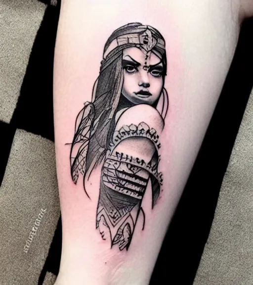 Image similar to tattoo design on white background of a beautiful girl warrior, hyper realistic, insanely detailed, inspired by eliot kohek