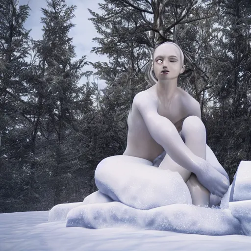 Image similar to a beautiful woman made out of snow and ice sitting by a campfire and slowly melting, by iris van herpen, unreal engine 5, outdoor campfire pit