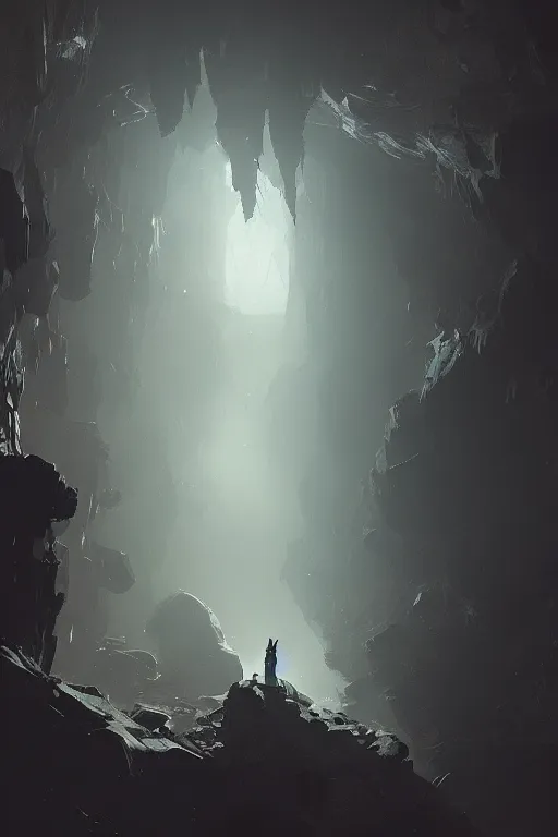 Prompt: a dark cave opening with a light inside the cave and a twisted shadow creature casting shadows, matte painting, artstation, Ismail Inceoglu, 4k, dramatic