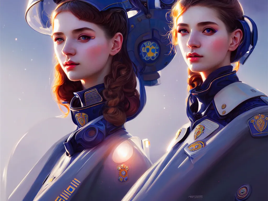 Prompt: portrait futuristic ukraine police uniform girl, at future neon light rooftop, ssci - fi and fantasy, intricate and very very beautiful and elegant, highly detailed, digital painting, artstation, concept art, smooth and sharp focus, illustration, art by tan zi and ayanamikodon and alphonse mucha and wlop