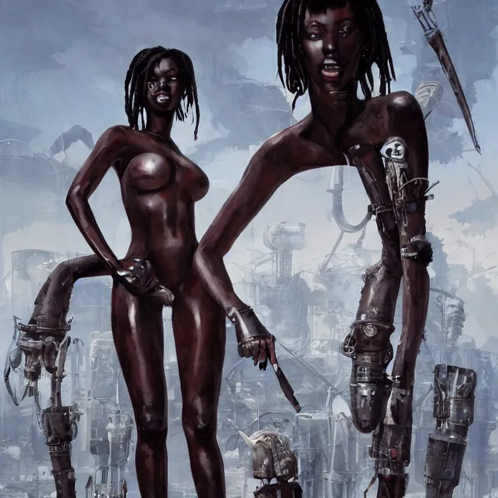 Prompt: african domme mistress, full body, powerful ebony skin, rubber and latex, postapocalyptic, smooth white surroundings, smooth, high tech, concept art, realistic painting, digital art by greg rutkowski, by junji ito