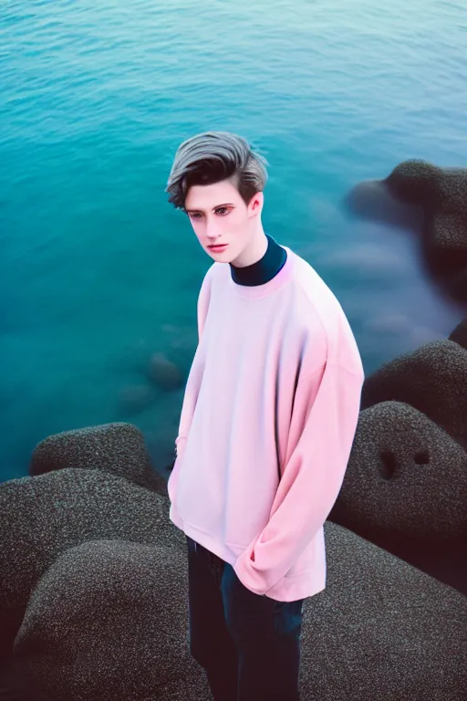 Image similar to high quality pastel coloured film mid angle docu photograph of a beautiful young 2 0 year old male, soft features, short black hair, oversized clothing, next to icelandic black rock pool environment. atmospheric. three point light. photographic. art directed. ( pastel colours ). volumetric light. clearcoat. waves glitch. 8 k. filmic.