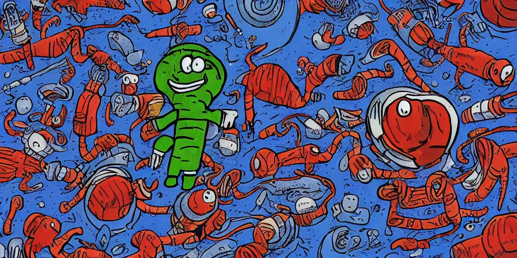 Image similar to wheres wally? Wally is lost on alien planet. by Martin Handford