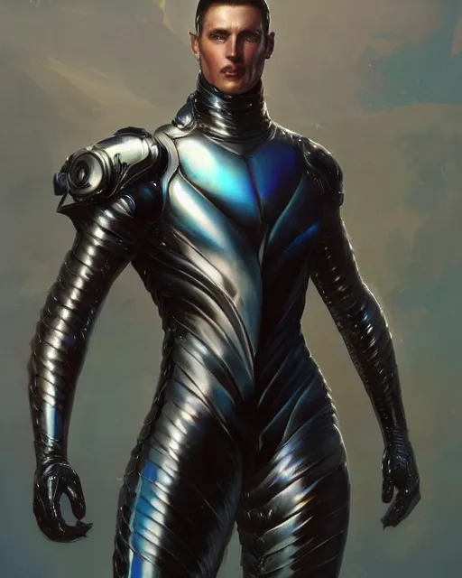 Prompt: iridescent wiry muscular male smooth sleek glossy black pearlescent scifi armor, by greg rutkowski and mark brookes and jim burns and tom bagshaw and magali villeneuve, trending on artstation