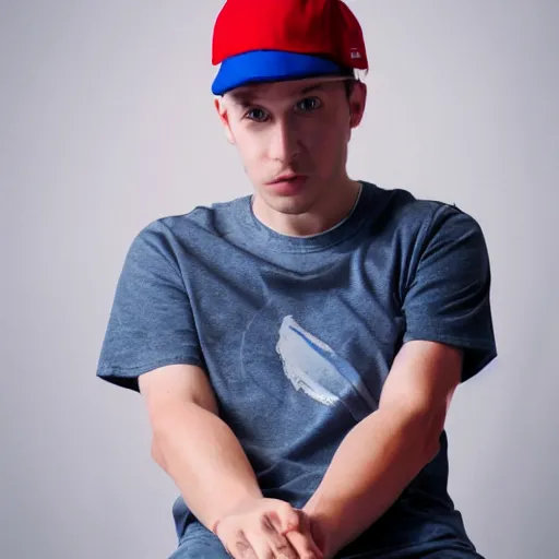 Prompt: a full body shot of an average white, short young - adult man with blue dyed hair holding a microphone, wearing a red backwards cap, white t - shirt with a red no symbol on it, blue long pants and red shoes, photoshoot, grey background