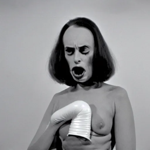 Prompt: A depressed woman and an inflatable intestine, John Waters film still, color 1970