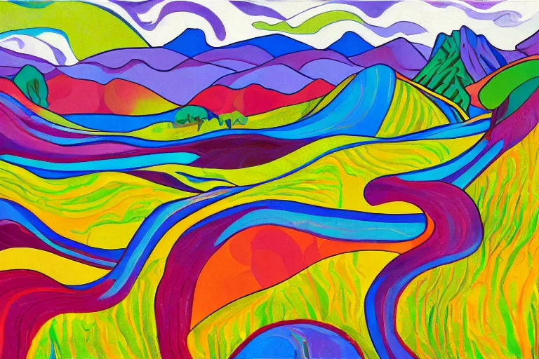 Image similar to Landscape painting. Wild energy patterns rippling in all directions. Curves, zig-zags. Organic. Mountains. Clouds. Vegetation. Rushing water. Waves. LSD. Fauvism.