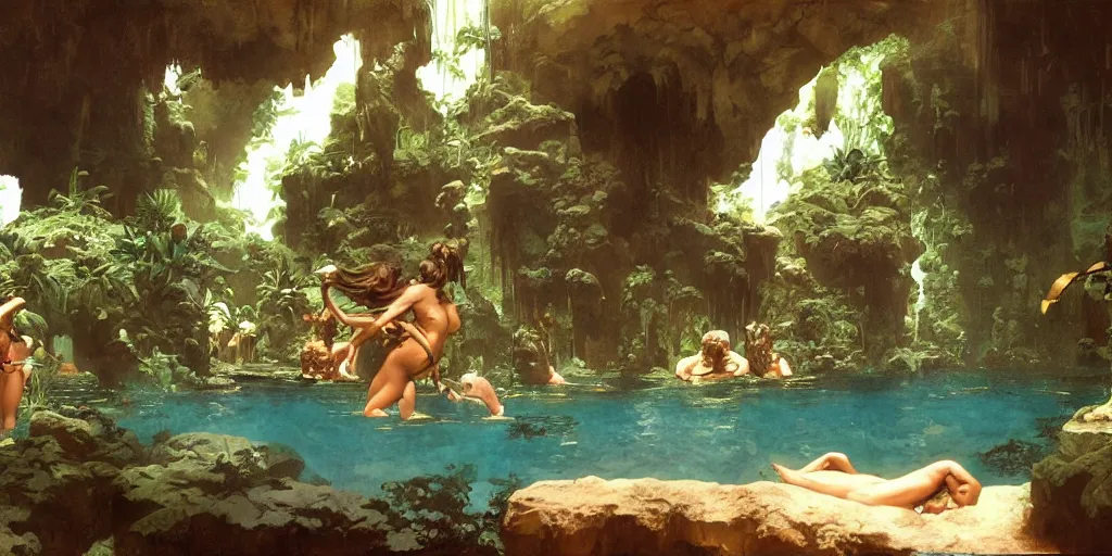 Image similar to a tropical cave that renovate as a luxury interior as several beautiful women bathe in the waters surrounding a muscled adventurer by syd mead, frank frazetta, ken kelly, simon bisley, richard corben, william - adolphe bouguereau, detailed concept art