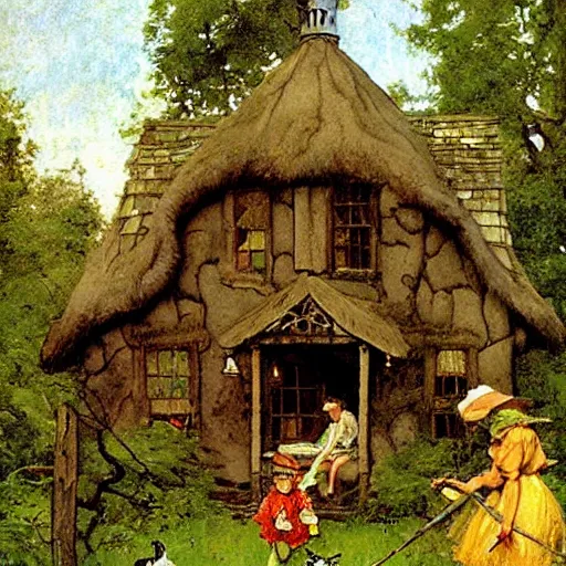 Image similar to witch cottage rococo in the forest, art by norman rockwell