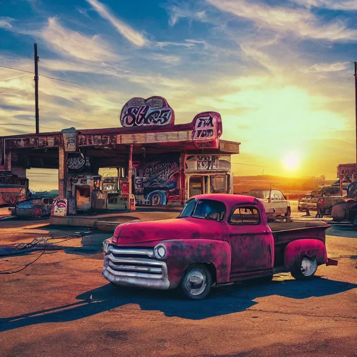 Image similar to a sunset light landscape with historical route 6 6, lots of sparkling details and sun ray ’ s, blinding backlight, smoke, volumetric lighting, colorful, octane, 3 5 mm, abandoned gas station, old rusty pickup - truck, beautiful epic colored reflections, very colorful heavenly, softlight