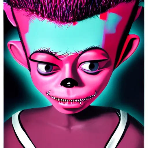 Image similar to a pink punk rock rapper alien with black spiked hair, an airbrush painting by Jamie Hewlett, cgsociety, symbolism, antichrist, aesthetic, 8k