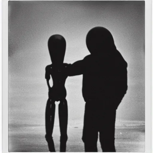 Image similar to a black and white polaroid photo of an alien meeting a human