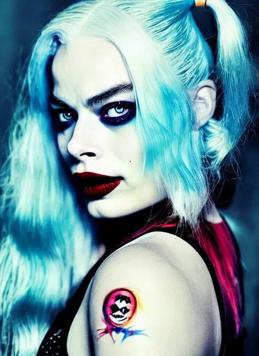 Image similar to 2 8 mm side portrait of beautiful suicide squad happy margot robbie with long white hair that looks like harley quinn, gotham city double exposure, angry frown, glamour pose, watercolor, frank miller, moebius, jim lee, annie leibowitz