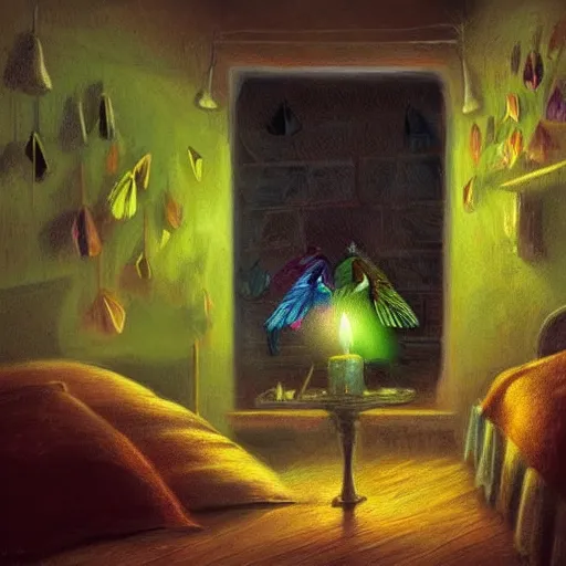 Image similar to a vivid bug with fringes of light and color enters a hostel room and lights a candle, fantasy art