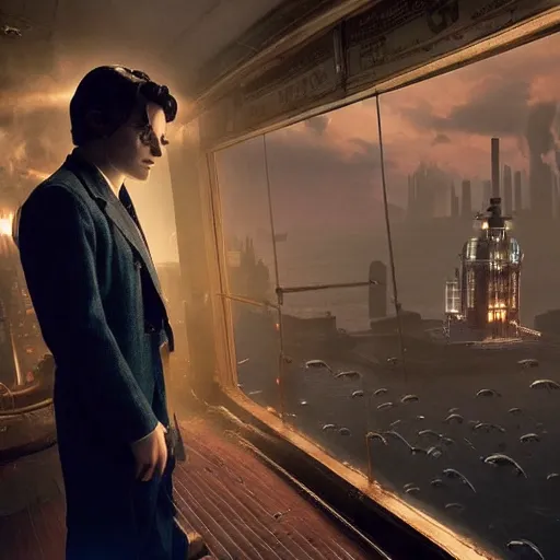 Image similar to screen capture from a live - action bioshock movie. andrew ryan, played by evan peters, is shown standing in an turn of the century style office front of an immense window looking out into the underwater city of rapture. the lights of the city are shining in the distance and an abundance of sea life is shown.