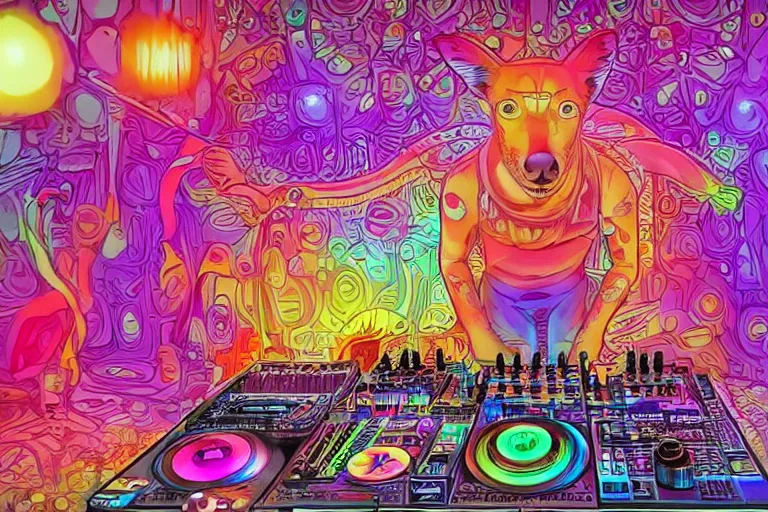 Image similar to a dingo who is a psychedelic music DJ. He is using a 🎹 and a 🎺 and a 🎸, and a computer and apc. There are candles all around. He is tripping on LSD. Highly detailed, Cinematic. Cartoon style. 4k, Realistic, detailed.