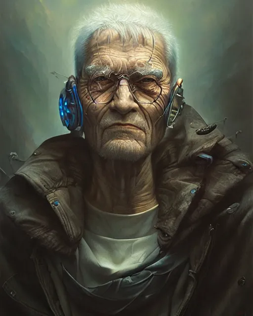 Prompt: a detailed portrait of cyberpunk old man by Tomasz Alen Kopera and Peter Mohrbacher