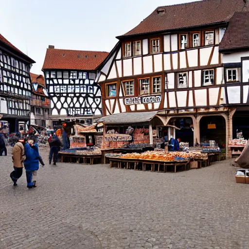 Image similar to A photograph taken in 1200AD of the market Square of a medieval town, Germany 1200AD. midday, clear sky. The market is filled with merchants selling goods and surrounded by Half-timbered houses. cobblestone, brick, market, tents, merchants. 75mm