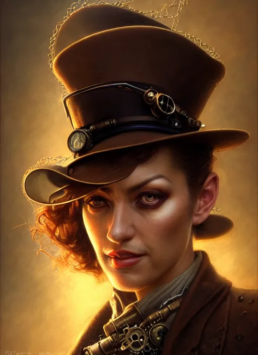 Prompt: closeup portrait shot of a steampunk detective in a scenic cyberpunk mystery environment, intricate, elegant, highly detailed, centered, digital painting, artstation, concept art, smooth, sharp focus, illustration, artgerm, tomasz alen kopera, peter mohrbacher, donato giancola, joseph christian leyendecker, wlop, boris vallejo