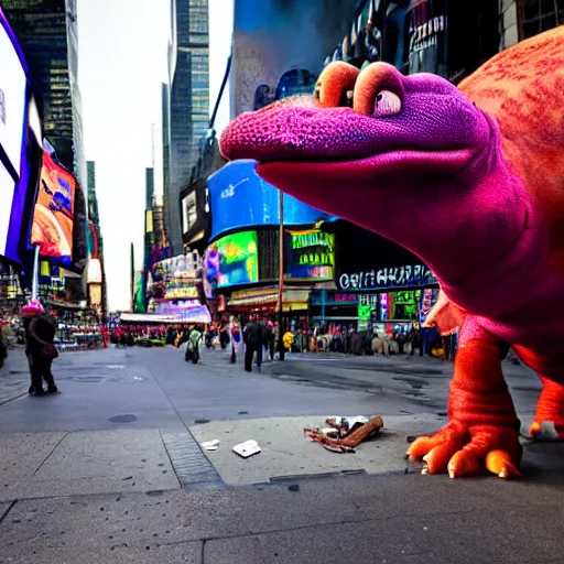 Prompt: barney the dinosaur homeless begging for fentanyl in times square, ultra detailed, 8 k, photorealism, rule of thirds, cracked textures.