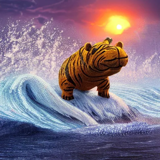 Image similar to a closeup photorealistic photograph of a cute smiling knitted tiger hippopotamus riding a large wave at sunset. surf in background. professional capture. brightly lit scene. this 4 k hd image is trending on artstation, featured on behance, well - rendered, extra crisp, features intricate detail, epic composition and the style of unreal engine.