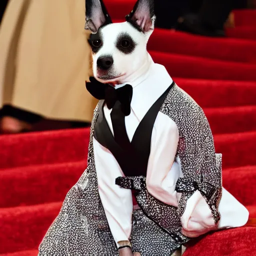 Prompt: a dog in a tuxedo at the met gala