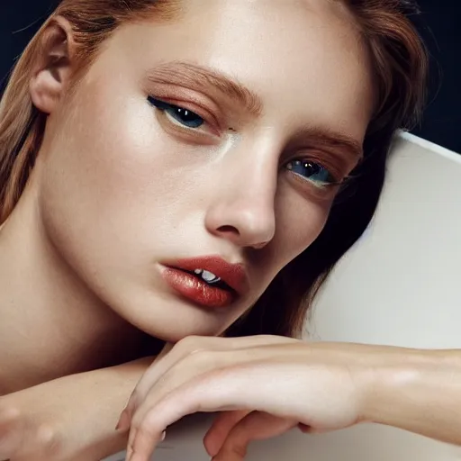 Image similar to close up of face of female fashion model, sitting on chair, beige colors, official jil sander and valentino editorial, highly detailed