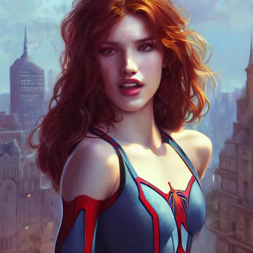 Image similar to ultra realistic illustration, bella thorne as spiderman, intricate, elegant, highly detailed, digital painting, artstation, concept art, smooth, sharp focus, illustration, art by artgerm and greg rutkowski and alphonse mucha and wlop